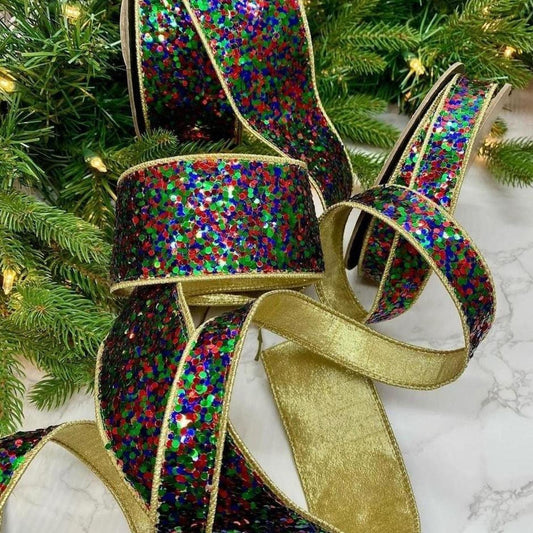2.5" Cirque Glitter Ribbon: Emerald Green/Red/Blue (10 Yards)
