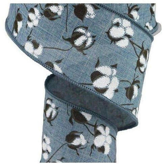 2.5" Cotton Pod Ribbon: Faded Denim & White (10 Yards)