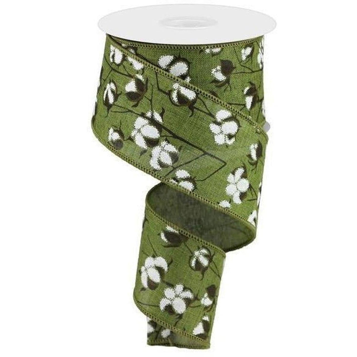 2.5" Cotton Pod Ribbon: Moss Green & White (10 Yards)