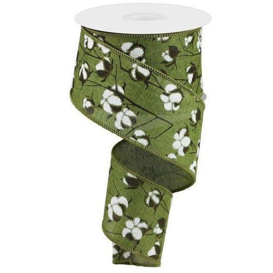2.5" Cotton Pod Ribbon: Moss Green & White (10 Yards)