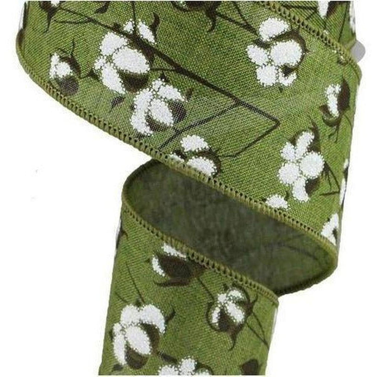 2.5" Cotton Pod Ribbon: Moss Green & White (10 Yards)