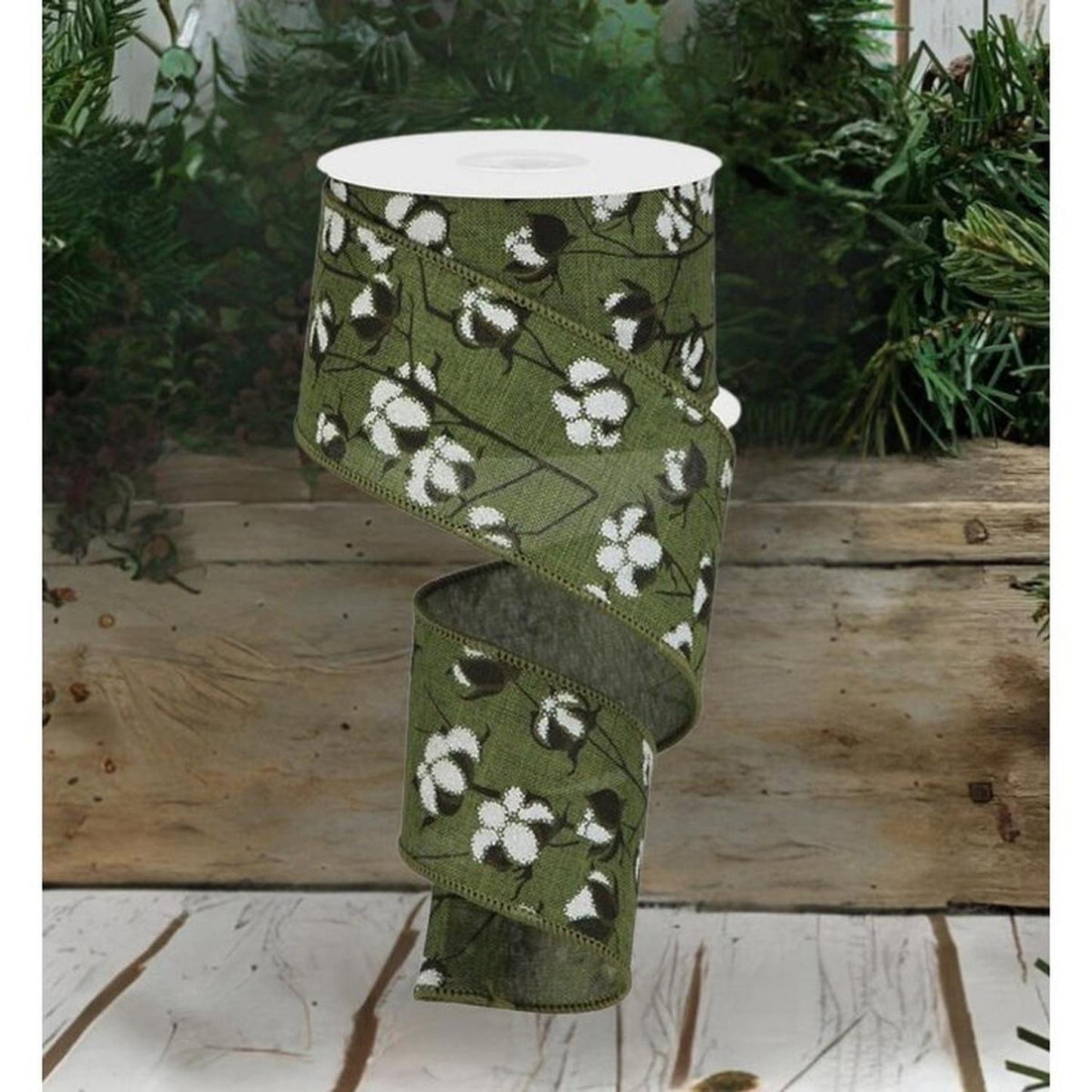 2.5" Cotton Pod Ribbon: Moss Green & White (10 Yards)