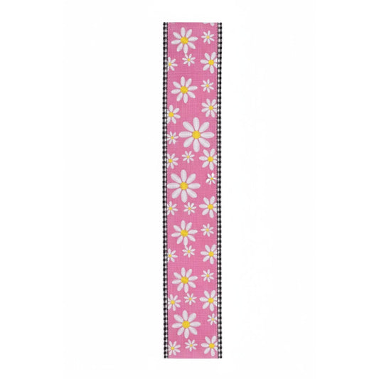 2.5" Embroidered Daisy Check Ribbon: Pink (10 Yards)