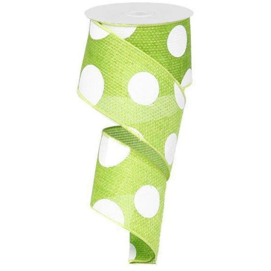 2.5" Faux Burlap Giant Polka Dot Ribbon: Lime Green & White (10 Yards)