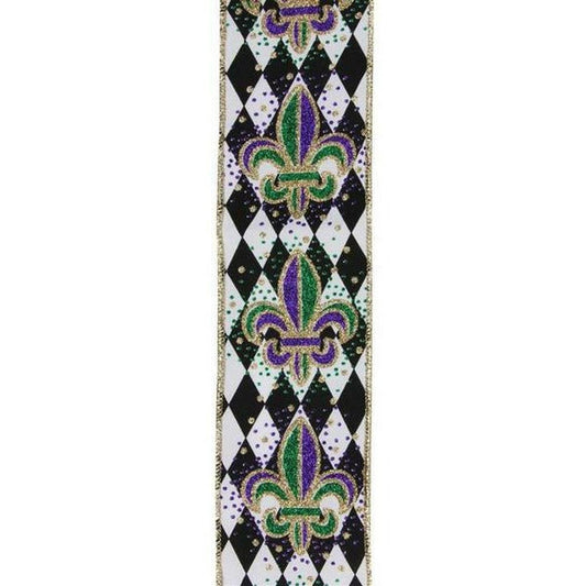 2.5" Fleur De Lis Harlequin Ribbon: Mardi Gras (10 Yards)