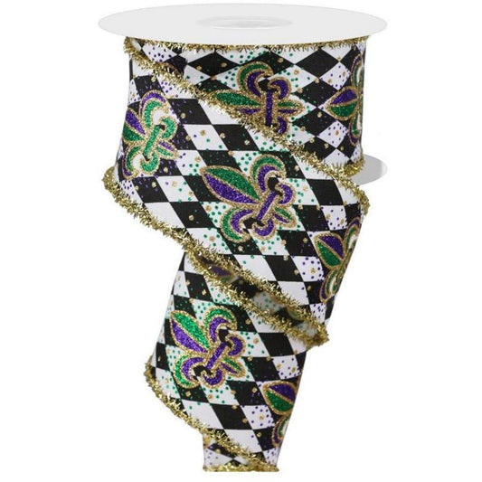 2.5" Fleur De Lis Harlequin Tinsel Ribbon: Mardi Gras (10 Yards)