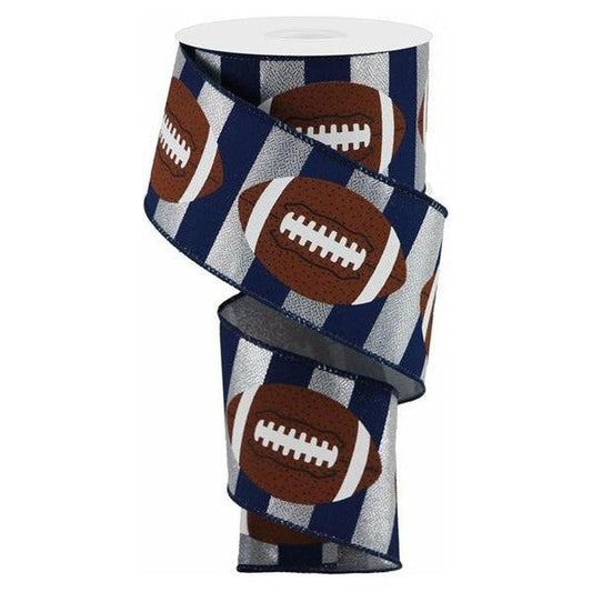 2.5" Footballs On Stripe Ribbon: Silver & Navy (10 Yards)