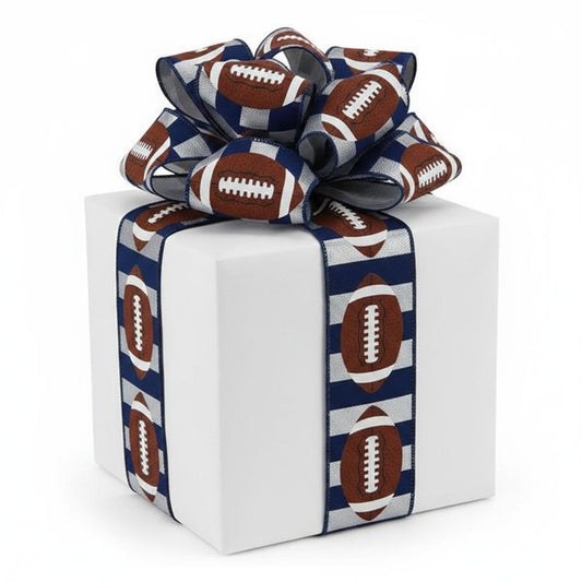 2.5" Footballs On Stripe Ribbon: Silver & Navy (10 Yards)