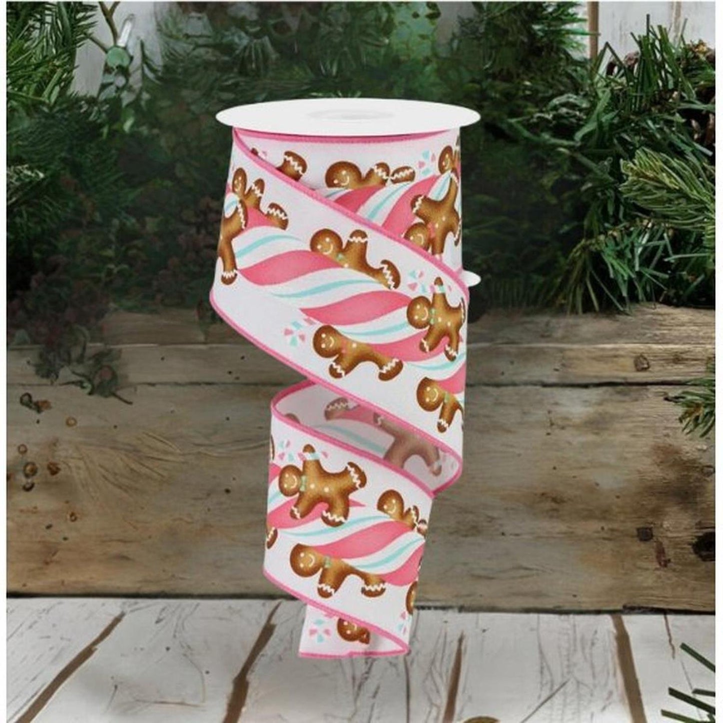 2.5" Gingerbread Kids Candy Ribbon: White/Pink (10 Yards)
