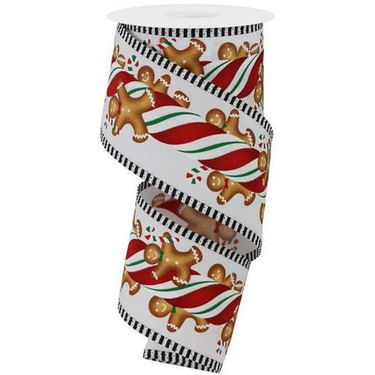2.5" Gingerbread Kids Stripe Ribbon: White/Red (10 Yards)