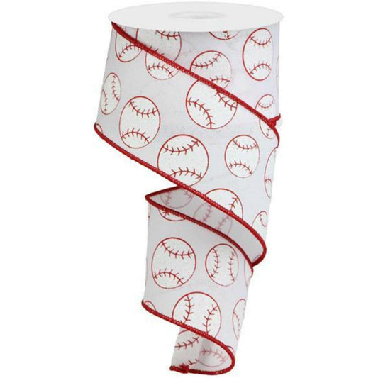 2.5" Glitter Baseball on Royal Ribbon: White (10 Yards)