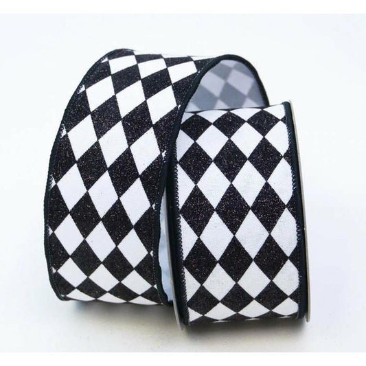 2.5" Glitter Jester Diamond Ribbon: Black & White (10 Yards)