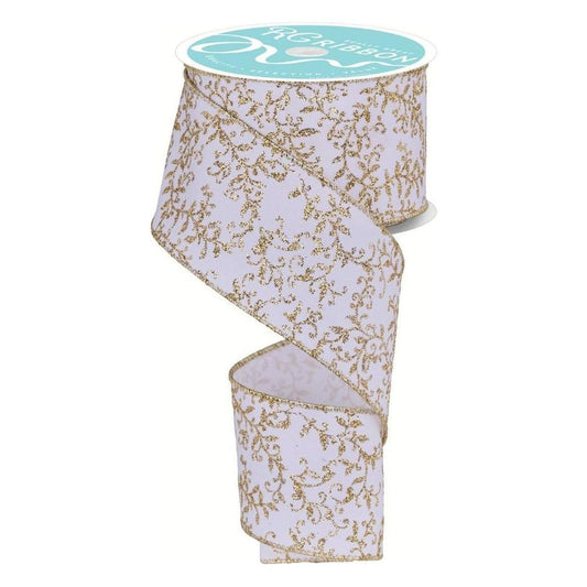 2.5" Glitter Mini Leaf Vines Ribbon: Gold/White (10 Yards)