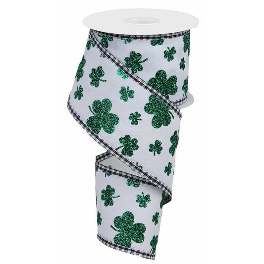2.5" Glitter Shamrocks Gingham Ribbon: White (10 Yards)