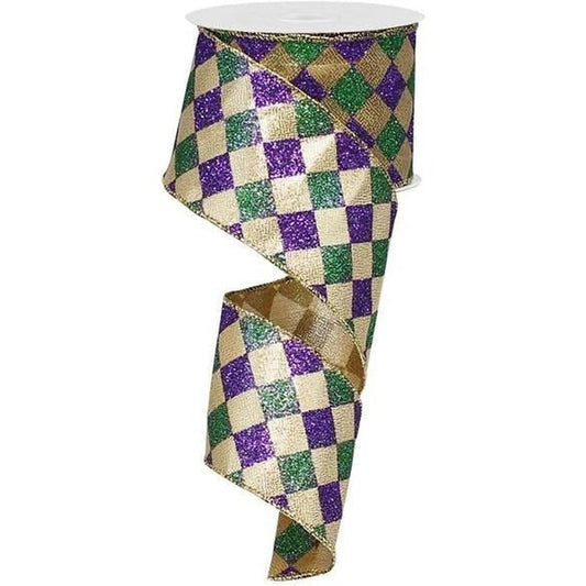 2.5" Harlequin Glitter Diamond Ribbon: Mardi Gras (10 Yards)