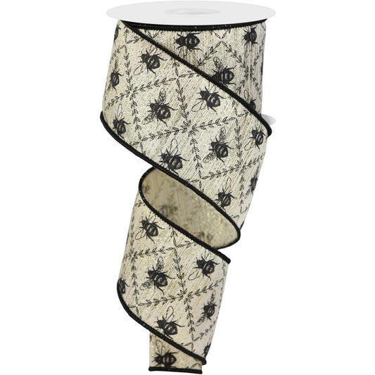 2.5" Honey Bee Trellis On Metallic Ribbon: Gold (10 Yards)
