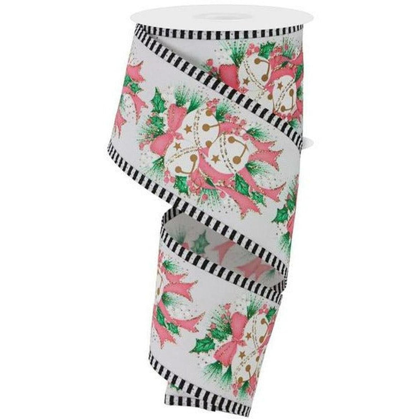 2.5" Jingle Bell Holly Stripe Edge Ribbon: White (10 Yards)