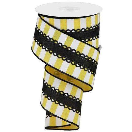 2.5" Lace On Horizontal Stripe Ribbon: Black, Yellow, White (10 Yards)