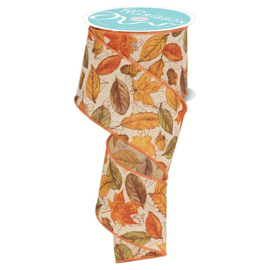 2.5" Leaves and Acorns Ribbon: Tobacco (10 Yards)