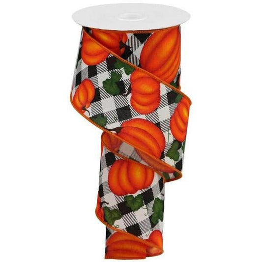 2.5" Leaves Pumpkin on Check Ribbon: Cream (10 Yards)