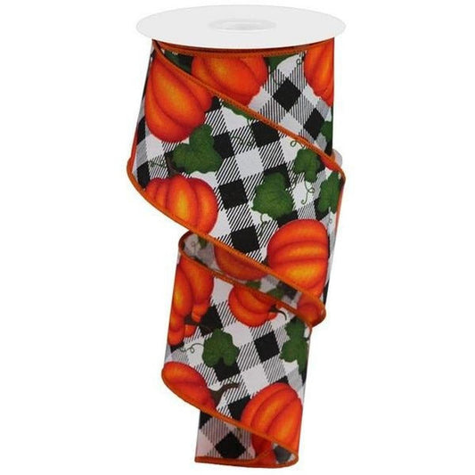 2.5" Leaves Pumpkin on Check Ribbon: White (10 Yards)
