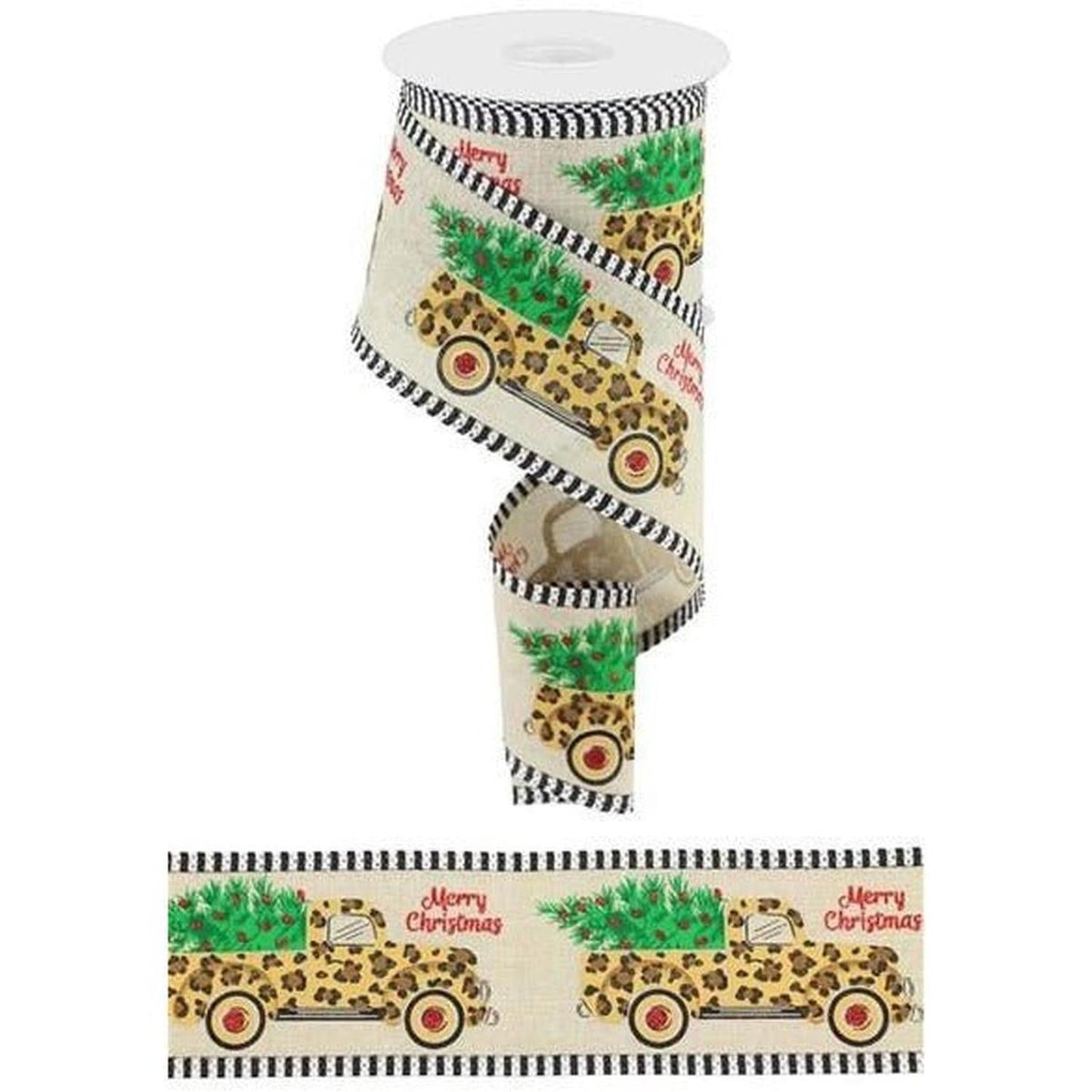 2.5" Leopard Merry Christmas Ribbon: Natural (10 Yards)