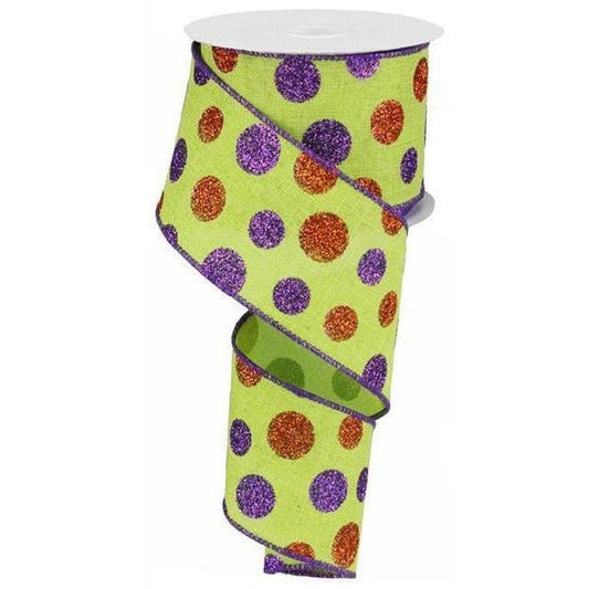 2.5" Lime Green Ribbon with Multi Glitter Dots