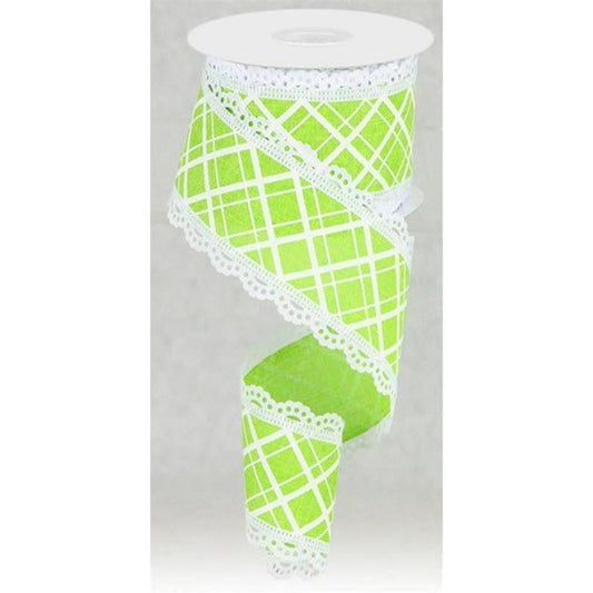 2.5" Line Check Lace Ribbon: Lime Green (10 Yard)