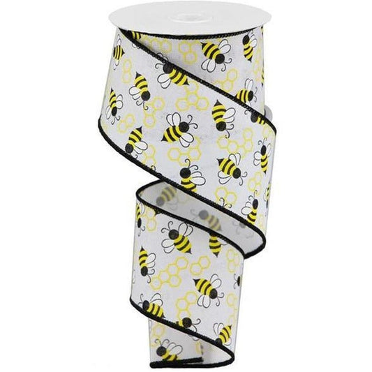 2.5" Mini Bumblebees on Royal Ribbon: White (10 Yards)