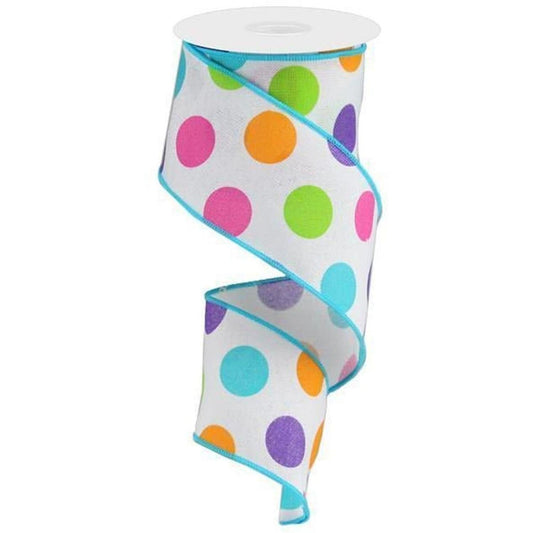 2.5" Multi Polka Dots on Royal Ribbon: White (10 Yards)