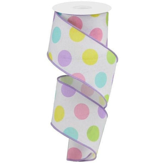 2.5" Multi Polka Dots on Royal Ribbon: White/Lavender (10 Yards)