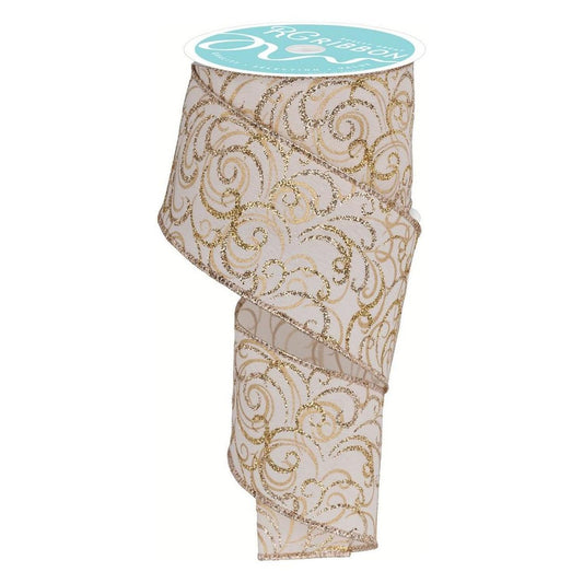 2.5" Multi Swirls Glitter Ribbon: Cream/Gold (10 Yard)