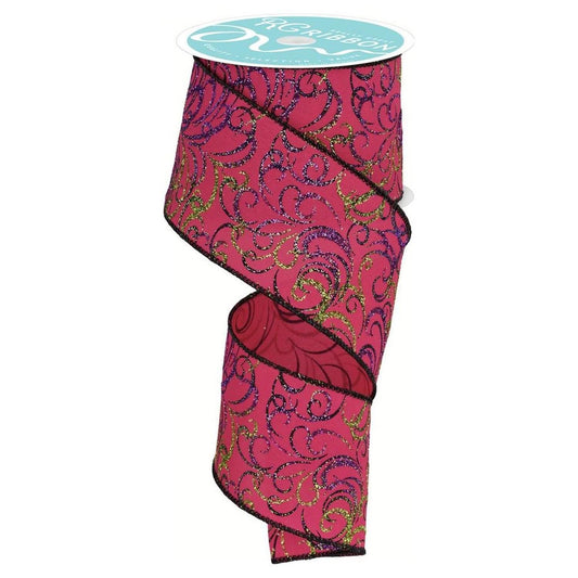 2.5" Multi Swirls Glitter Ribbon: Hot Pink/Lime/Black (10 Yard)