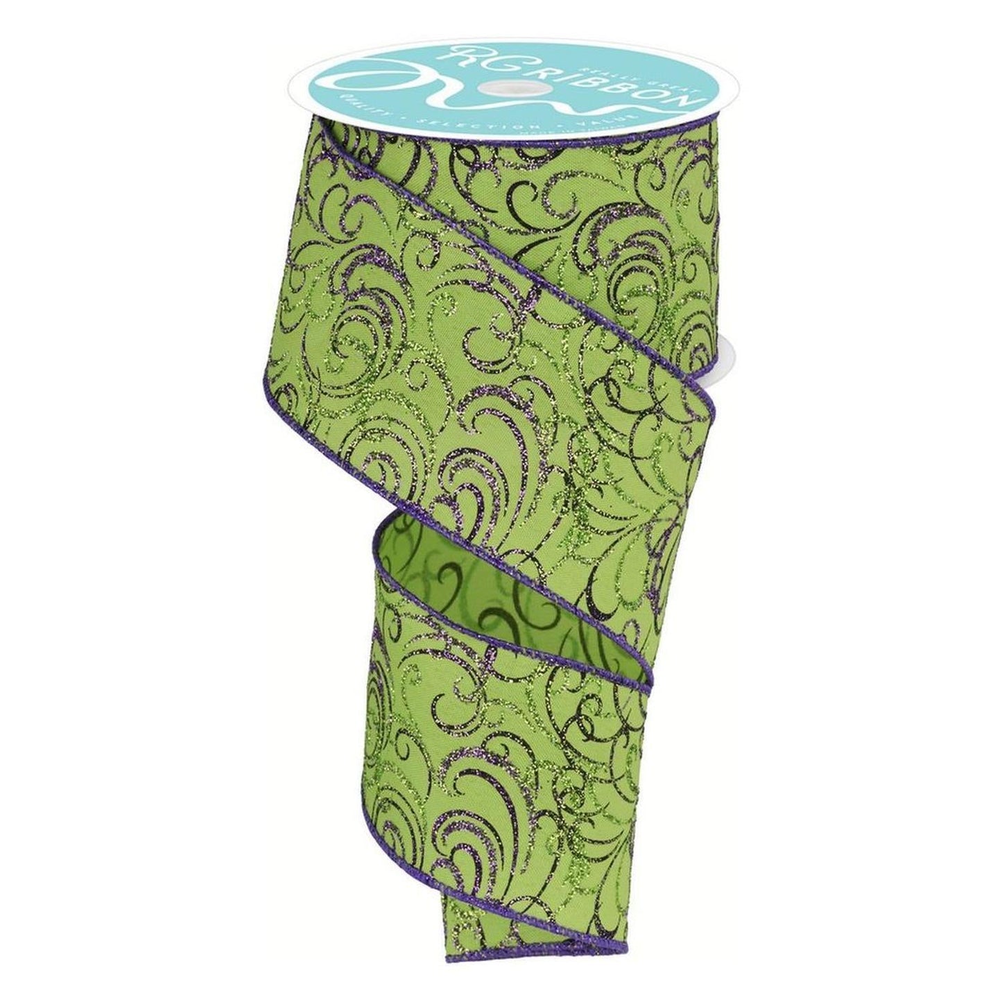 2.5" Multi Swirls Glitter Ribbon: Lime Green/Purple (10 Yard)