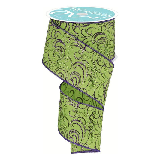 2.5" Multi Swirls Glitter Ribbon: Lime Green/Purple (10 Yard)
