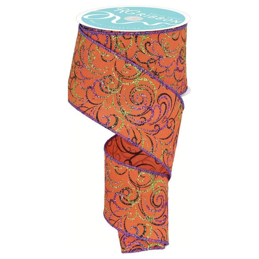 2.5" Multi Swirls Glitter Ribbon: Orange/Black/Purple (10 Yard)