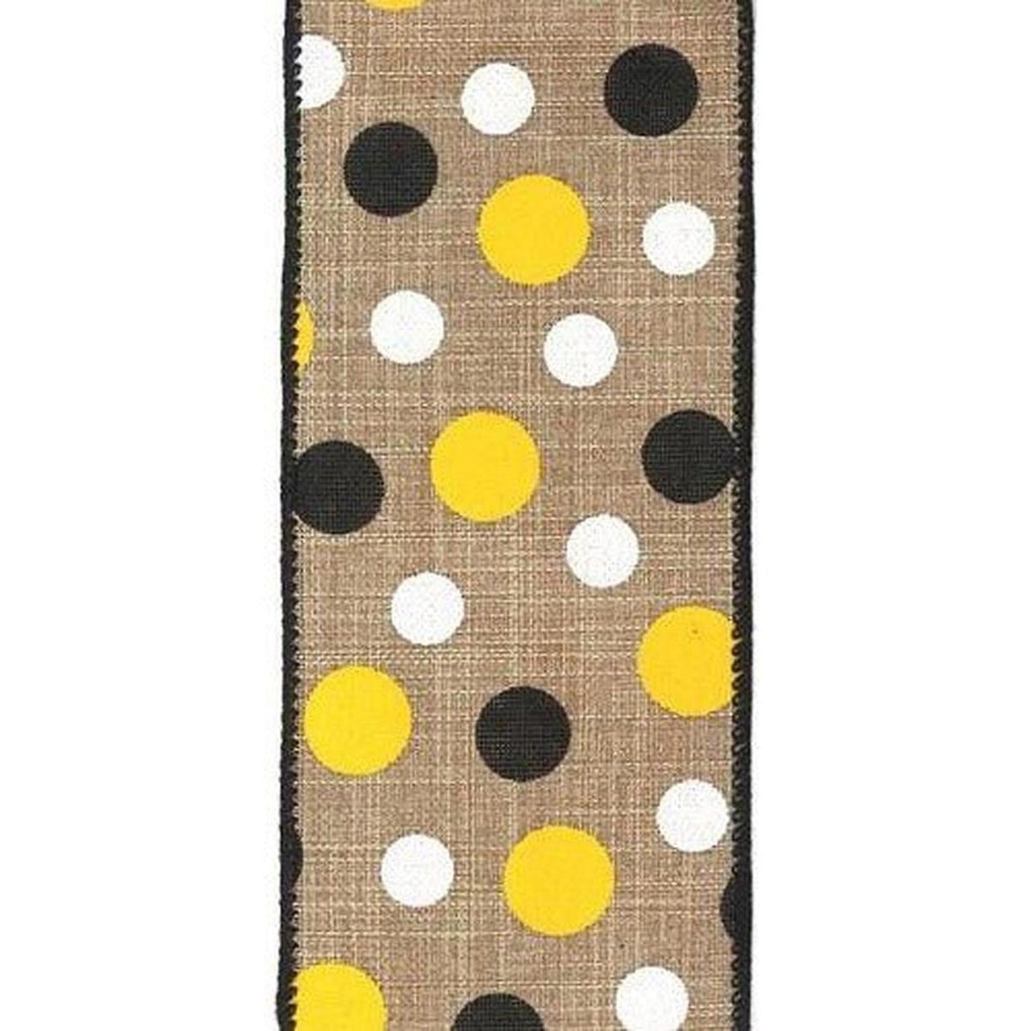 2.5" Natural Canvas Ribbon: Black, Yellow, White Dots (10 Yards)