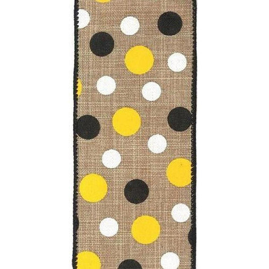 2.5" Natural Canvas Ribbon: Black, Yellow, White Dots (10 Yards)