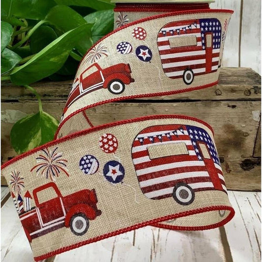 2.5" Patriotic Truck Camper Ribbon: Natural (10 Yards)