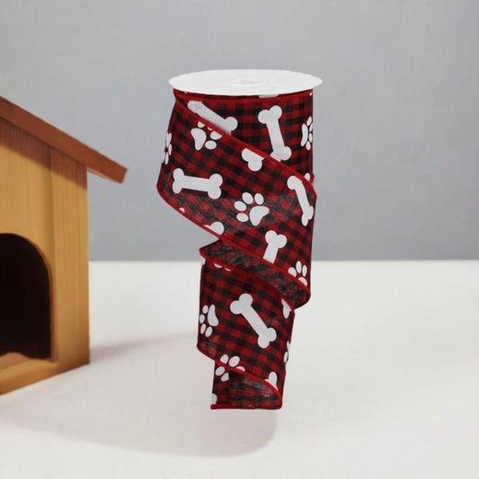 2.5" Paw Print Bone Check Ribbon: Red/Black (10 Yards)
