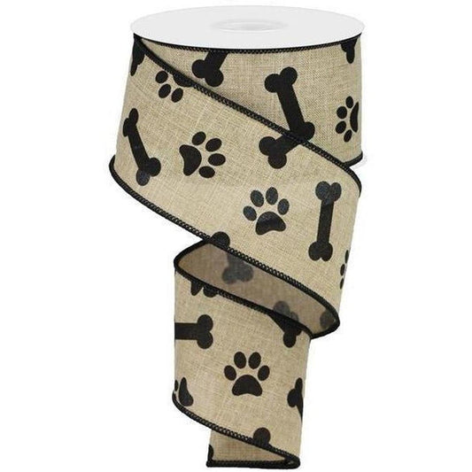 2.5" Paw Print Royal Ribbon: Light Beige & Black (10 Yards)