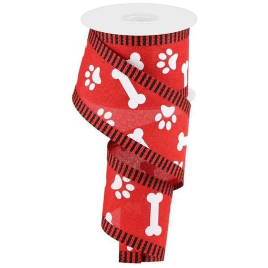 2.5" Paw Print Thin Stripe Ribbon: Red & White (10 Yards)