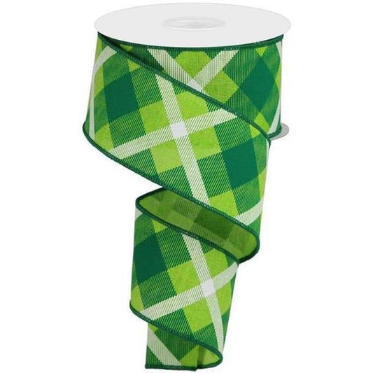 2.5" Printed Plaid Ribbon: Lime Green, Green, White (10 Yards)
