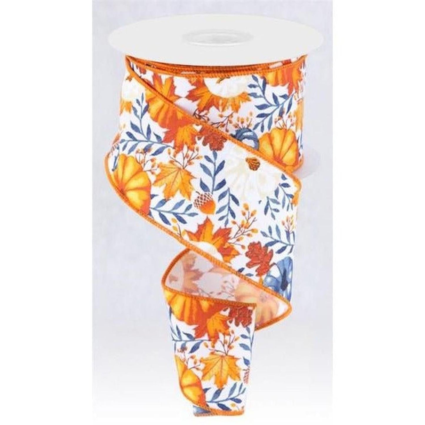2.5" Pumpkin Foliage Ribbon: White/Navy (10 Yards)