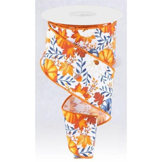 2.5" Pumpkin Foliage Ribbon: White/Navy (10 Yards)