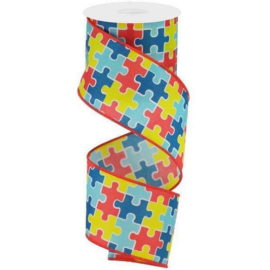 2.5" Puzzle Piece Ribbon: Autism Awareness (10 Yards)