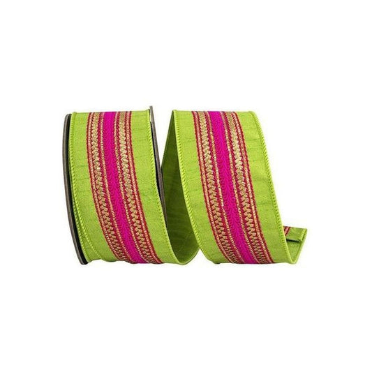 2.5" Regal Stripe Trimming Dupioni Ribbon: Lime/Pink (5 Yards)