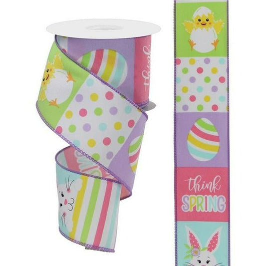 2.5" Spring Bunny Chick Block Ribbon: White (10 Yards)