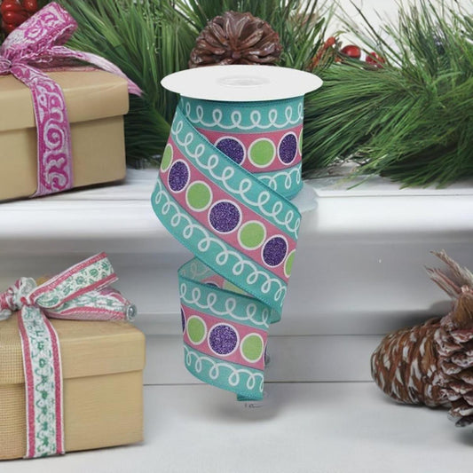 2.5" Striped Glitter Circle Loops Ribbon: Teal (10 Yards)