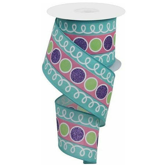 2.5" Striped Glitter Circle Loops Ribbon: Teal (10 Yards)